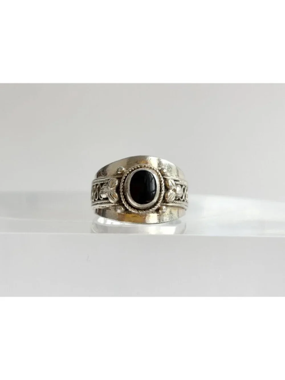 Thai Made Made Black Onyx Rope Chunky Sterling Silver 925 Vintage Ring - sz 6